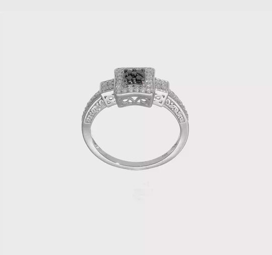 Anillo Cuadrado de Diamantes Blancos y Negros en Oro Blanco de 14k