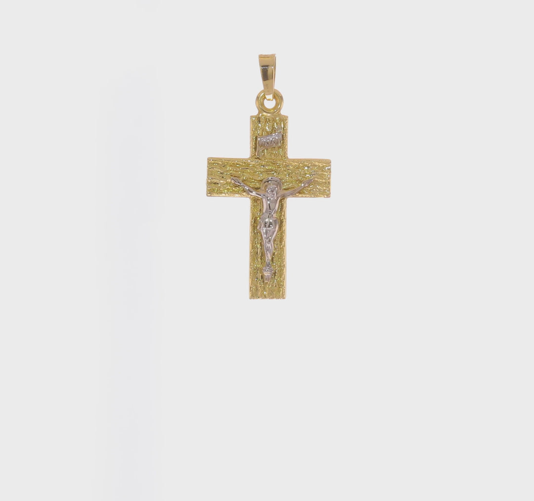 Colgante Crucifijo INRI en Oro de Dos Tonos 14K con Textura de Madera Pulido y Sólido