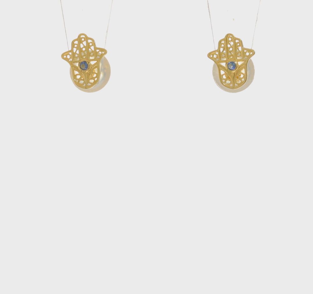 Aretes Hamsa en Oro de 14k con Piedra de Vidrio Azul