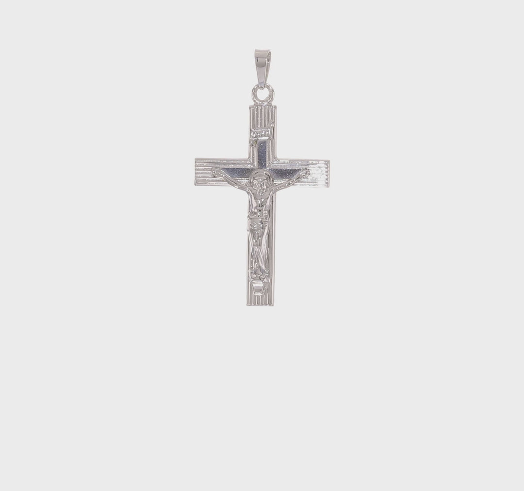 Colgante Crucifijo INRI Rayado Sólido de Oro Blanco 14K