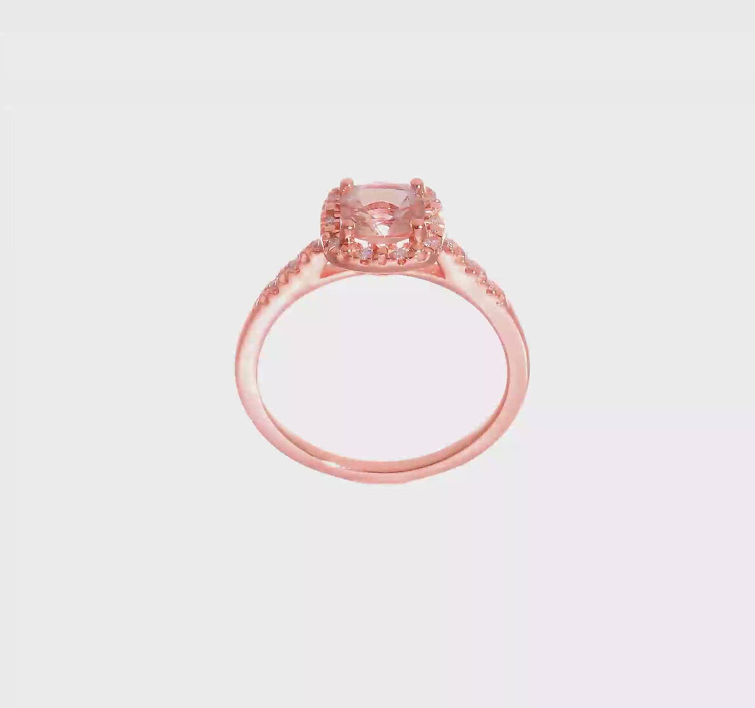 Anillo de Compromiso Completo Blooming Bridal en Oro Rosa de 14k con Halo, Morganita de Corte Cojín de 6.00 mm y Diamante de 1/15 Quilates