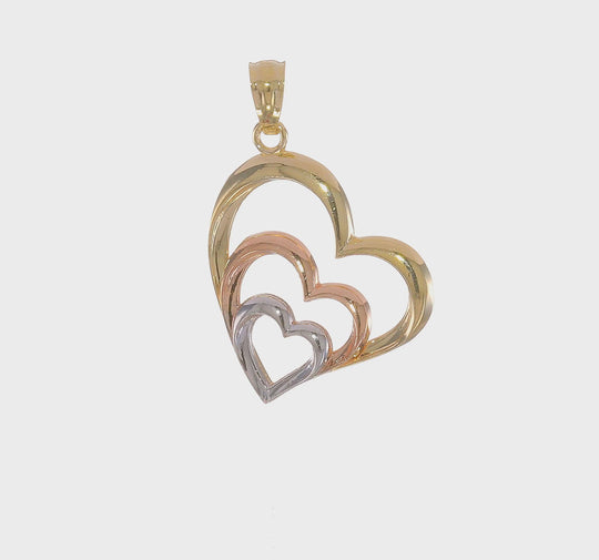 Colgante 3 Corazones Pulidos Bicolor y Rodio Blanco de 14k