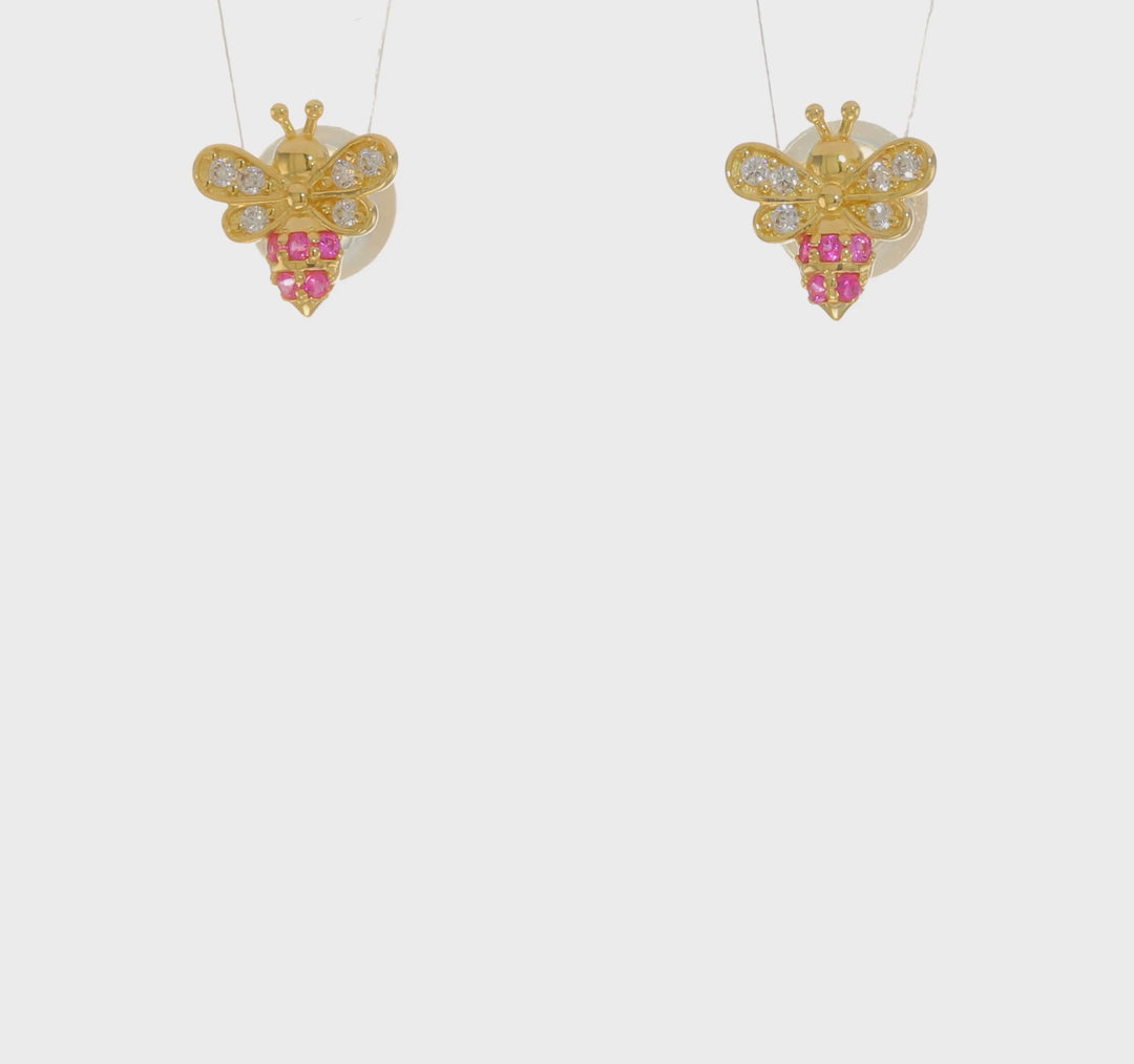 Pendientes de Abeja con CZ Claros y Rojos Madi K en Oro de 14k