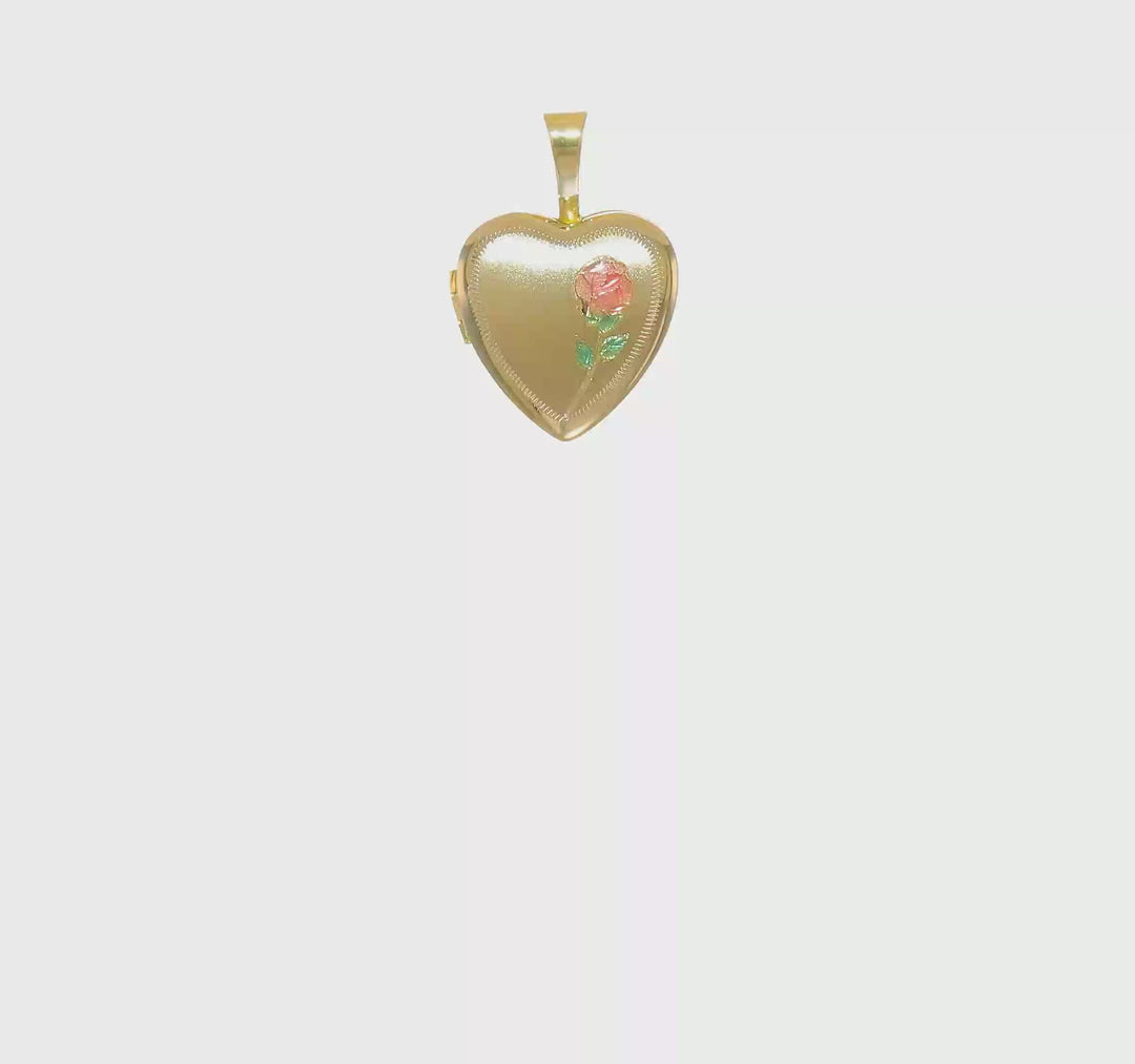 Locket Corazón en Oro Amarillo 14k de 12mm con Acabado Satinado y Rosa de Esmalte