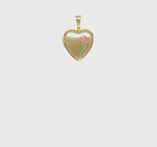 Locket Corazón en Oro Amarillo 14k de 12mm con Acabado Satinado y Rosa de Esmalte