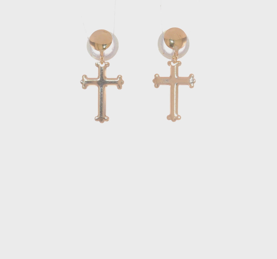 Pendientes Colgantes con Cruz Pulida en Oro de 14k