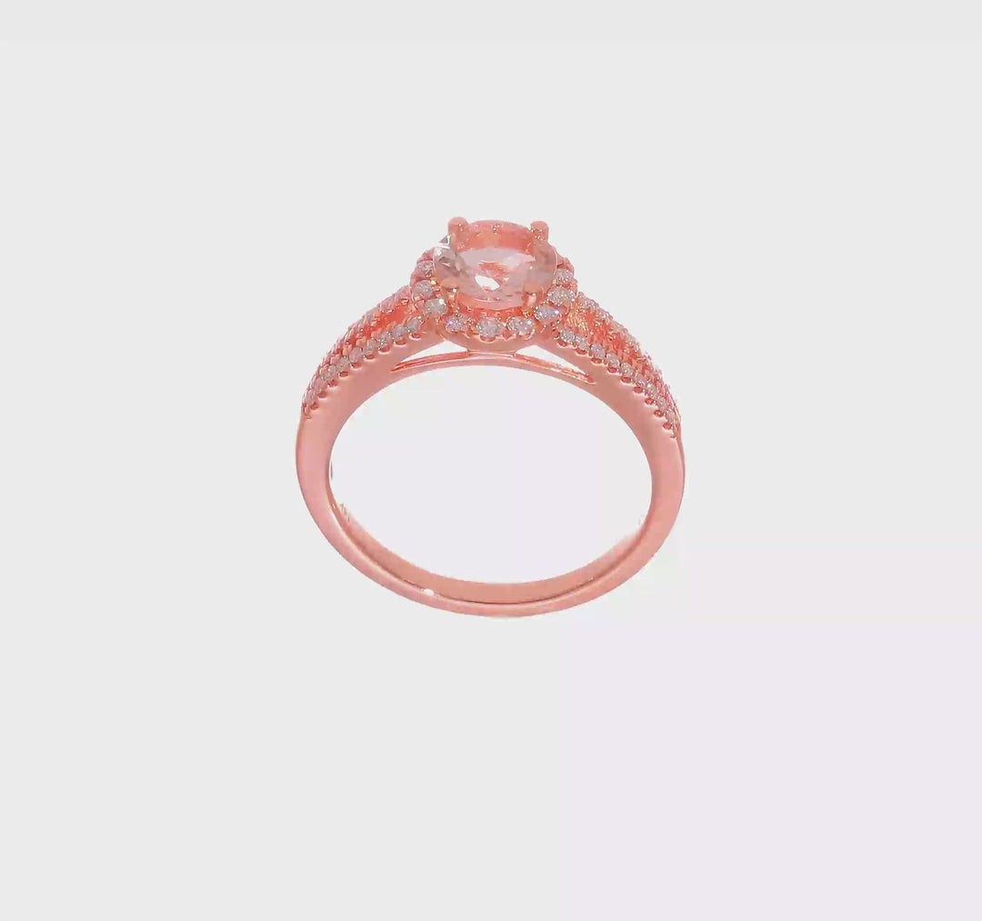 Anillo de Compromiso Completo Blooming Bridal en Oro Rosa de 14k con Halo, Morganita Redonda de 6.5 mm y Diamantes de 1/4 Quilates