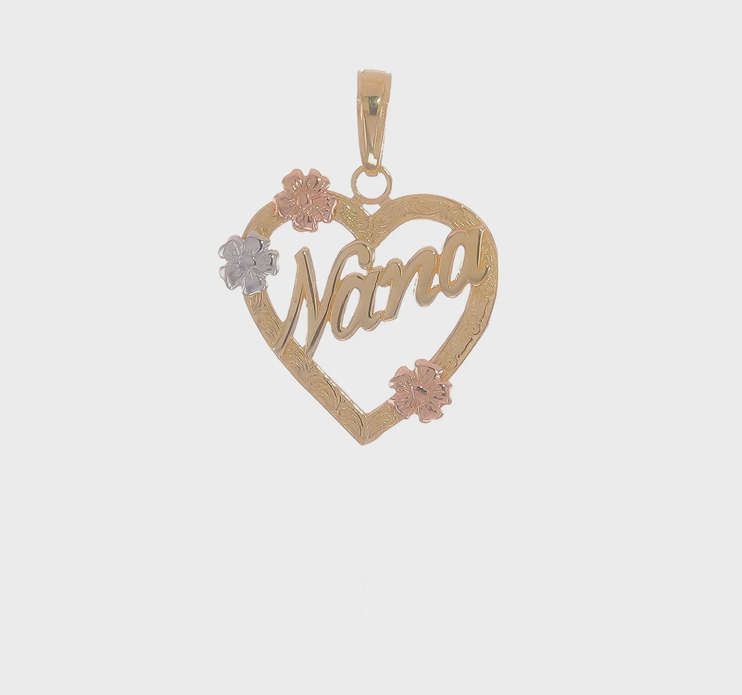 Colgante de Corazón con Flores "NANA" en Oro de 14K Tri-color