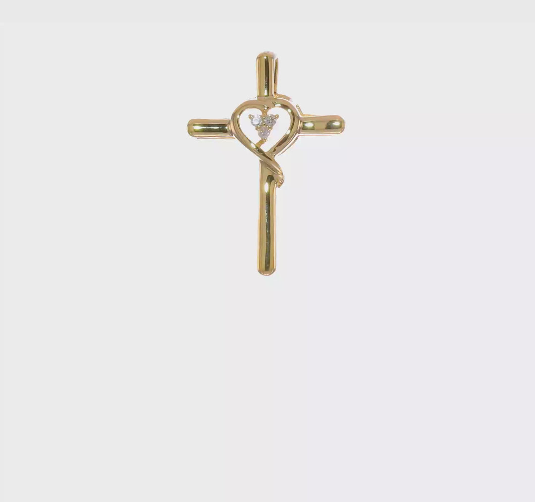 Dije de Oro Amarillo de 14k en Forma de Cruz Pulida con Corazón y Diamantes para Cadena Deslizante