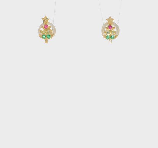 Pendientes de Árbol de Navidad Madi K con CZ Rojos y Transparentes y Vidrio Verde en Oro de 14k