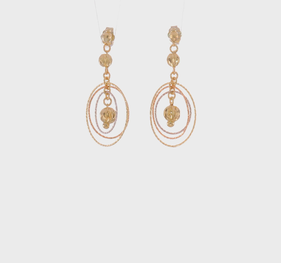 Aretes de Cuentas con Talla Diamante y Círculos Abiertos en Oro Tricolor de 14k