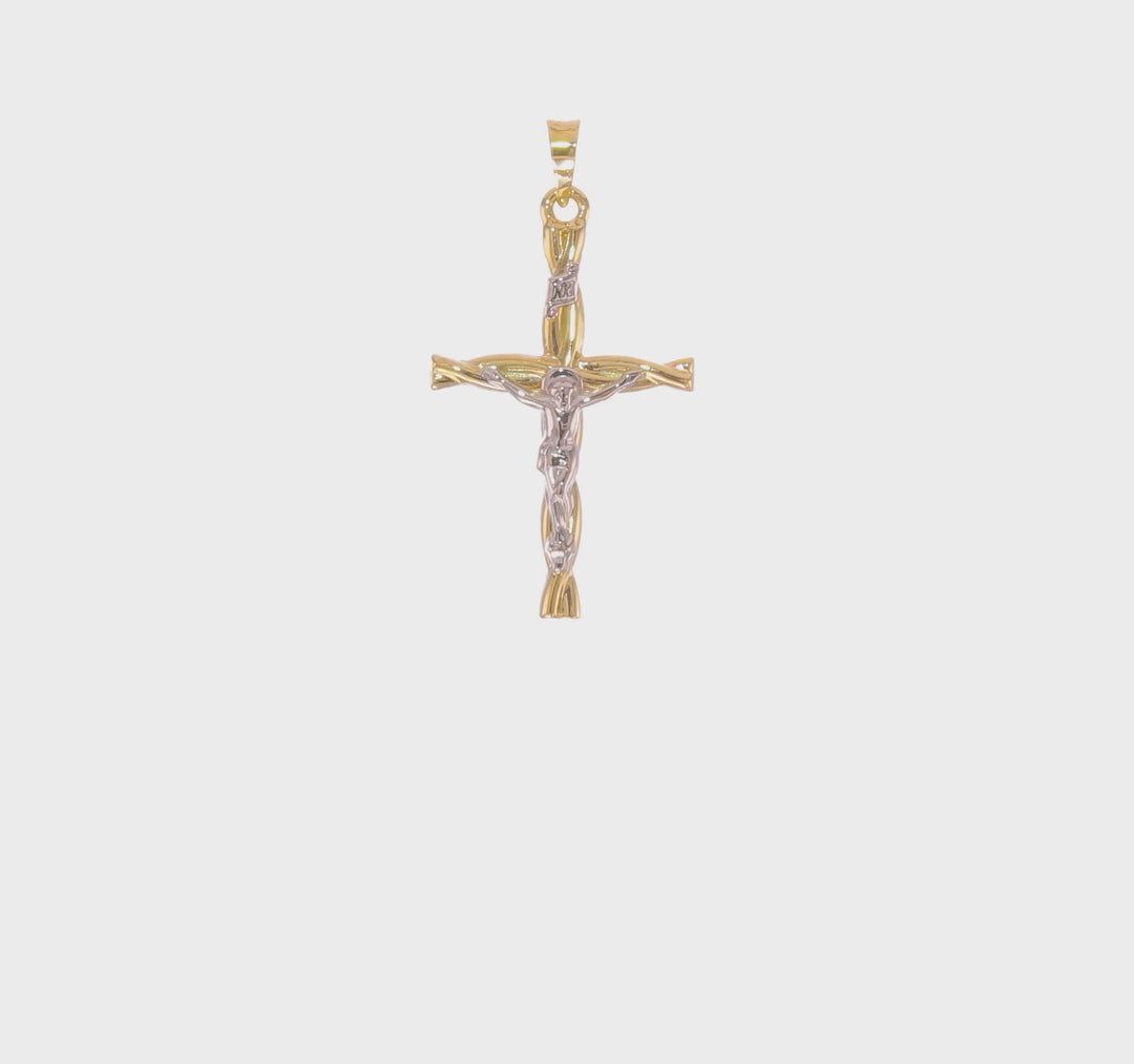 Colgante de Cruz Inri Hueco y Retorcido en Oro Bicolor Pulido de 14k