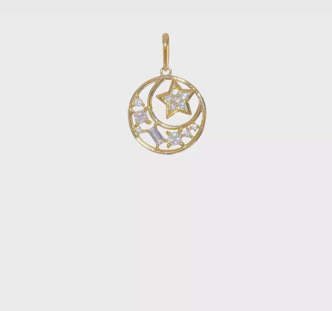 Colgante Estrella y Luna con CZ en Oro Amarillo de 14K