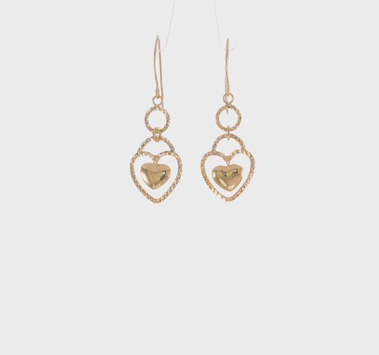 Aretes Colgantes con Corazón Abierto y Corte Diamante de 14K