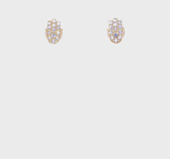 Aretes Hamsa en Oro de 14k con Piedras CZ y Vidrio Azul