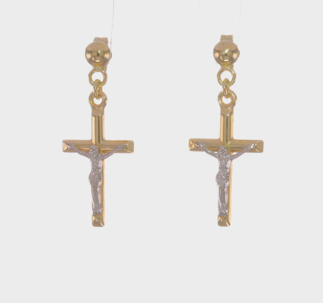 Aretes de Crucifijo Huecos en Oro Bicolor de 14k