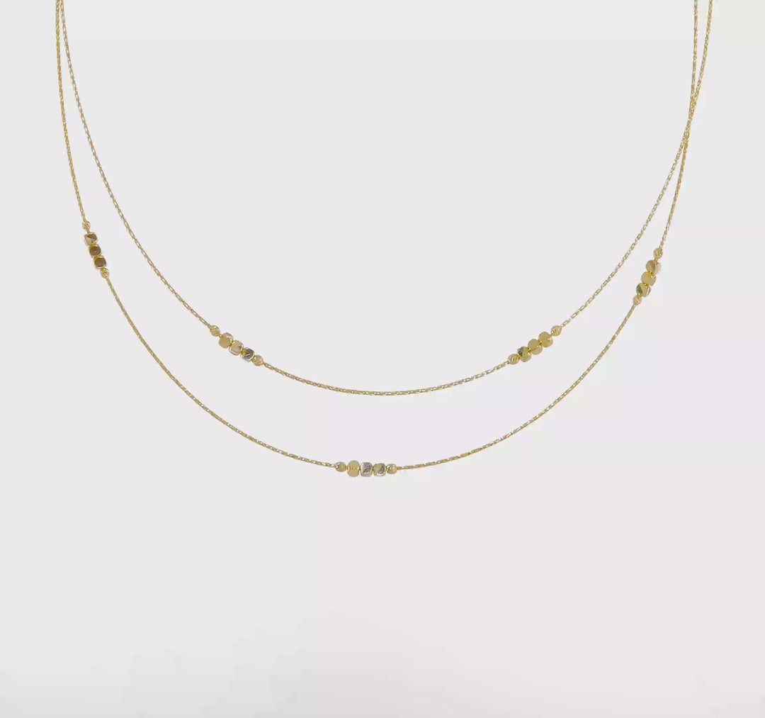 Collar Doble de Perlas 14K con Corte en Diamante y Extensión de 1 Pulgada