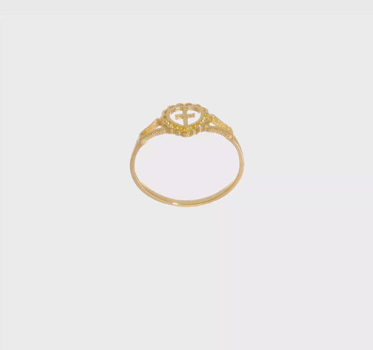 Anillo Infantil con Corazón y Cruz en Oro Amarillo Cortado a Diamante de 14k