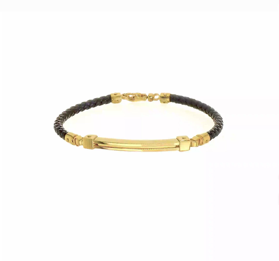 Pulsera de Barra de Oro 14K con Cuero Pulido