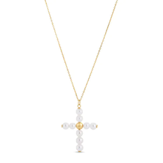 Colgante de Cruz de Perlas de Oro Amarillo de 14k