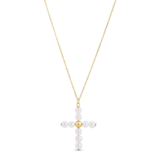 Colgante de Cruz de Perlas de Oro Amarillo de 14k