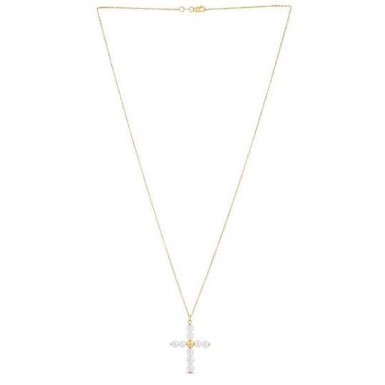 Colgante de Cruz de Perlas de Oro Amarillo de 14k